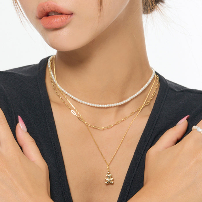 レイヤード ティーターナベアペンダントネックレス/Layered Titana Bear Pendant Necklace (Gold/Silver)