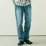 STRAIGHT DOUBLE KNEE WASHED DENIM PANTS BLUE