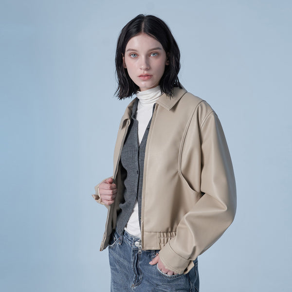 Overfit Curved Leather Blouson (Beige)