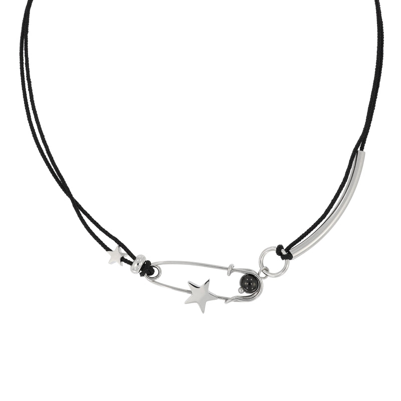 Star Pin Black Strap Necklace