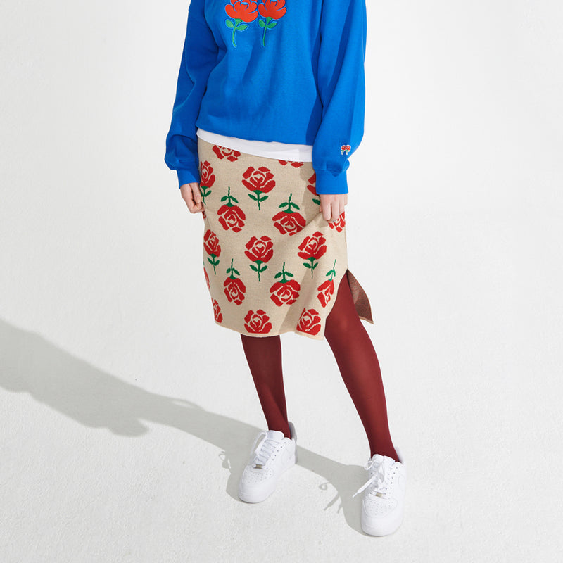 Rose pattern Knit Skirt [Beige] (6610304532598)