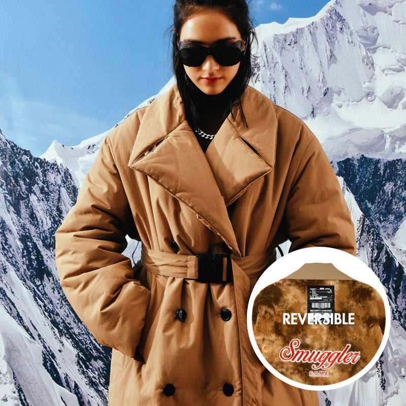[UNISEX] Reversible Faux Fur and Double-Breasted Padded Coat (Camel) (6656424444022)