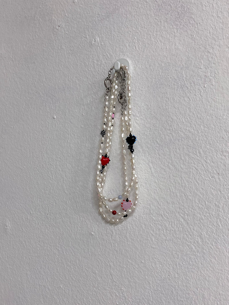 ハートミックスパールネックレス / Heart mix pearl necklace (red)