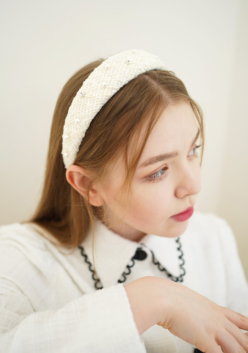 ツイードパールカチューシャ/tweed pearl hairband white
