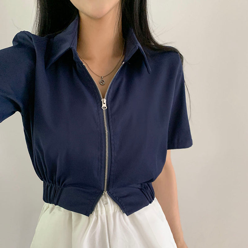 [4color] Two-way collar cropped short-sleeved zip-up