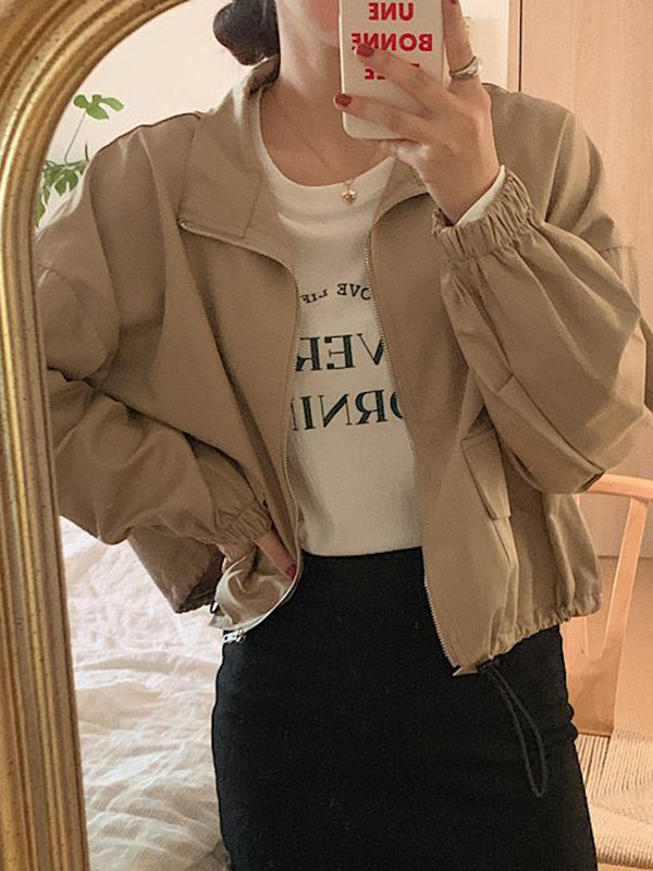 Movie Zip-Up String Cropped Loose Fit Spring Bomber Jacket (4 colors)