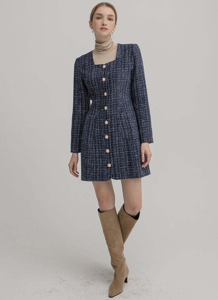 リリーハートネックツイードワンピース / (OP-6001) Lily Heart-Neck Tweed Dress