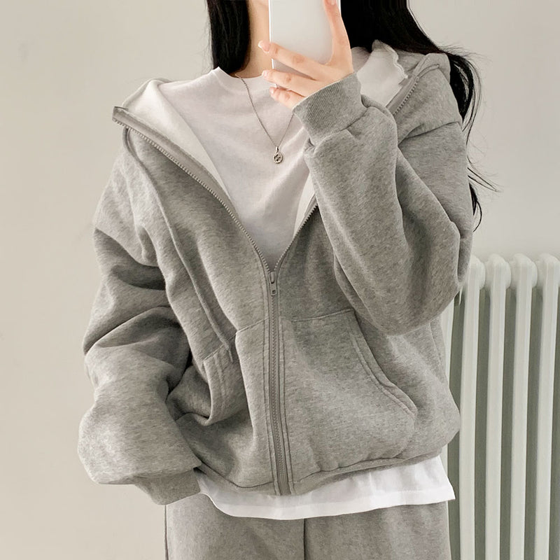 [5color/raised] Comfortable and cute, overfit brushed hooded zip-up