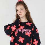 Pink flower pattern Sweat-shirt [Navy] (6535252770934)