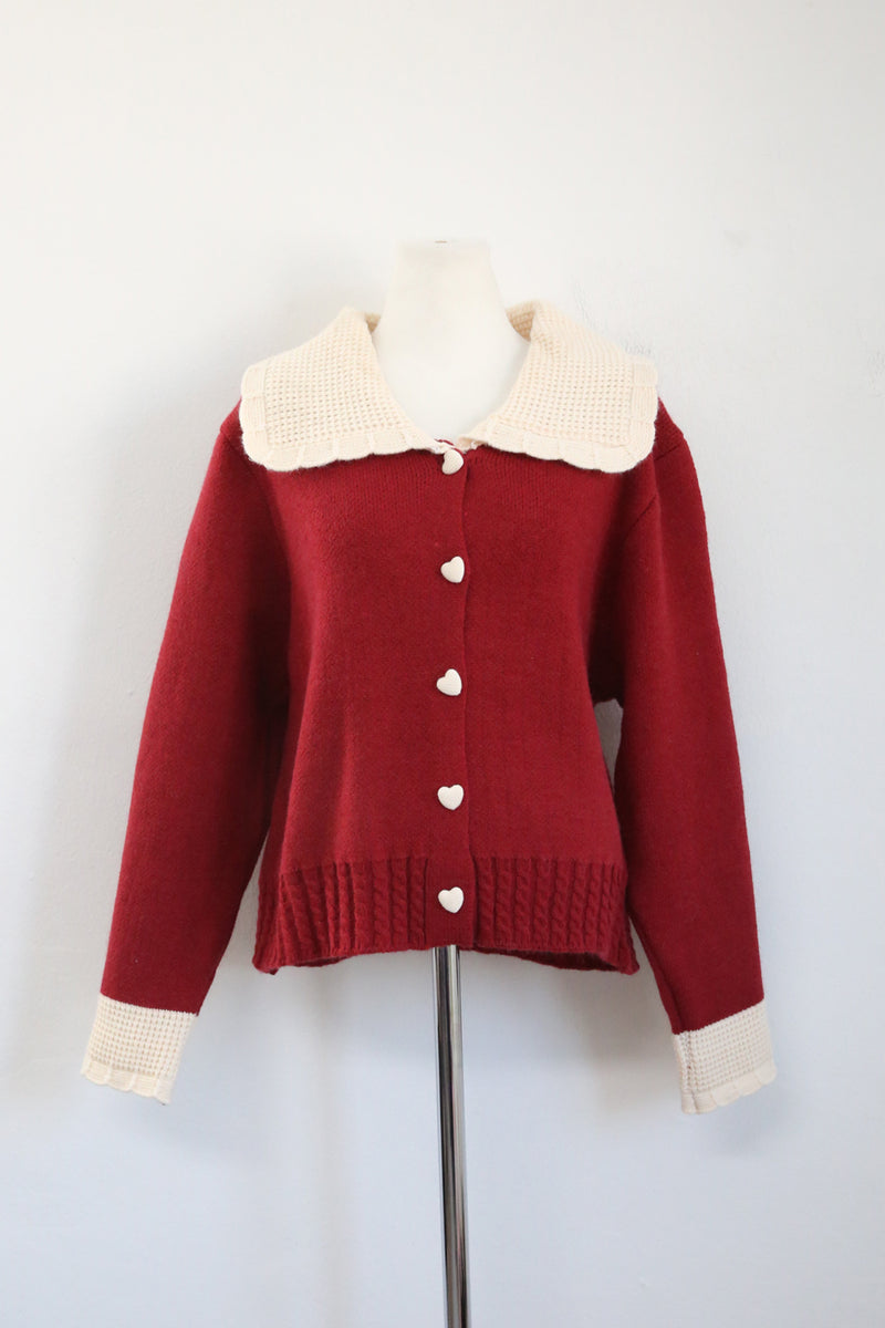BIG COLLAR HEART BUTTON KNIT CARDIGAN(IVORY, RED, GREY 3COLORS!) (6654607261814)