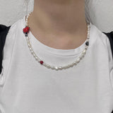 ハートミックスパールネックレス / Heart mix pearl necklace (red)