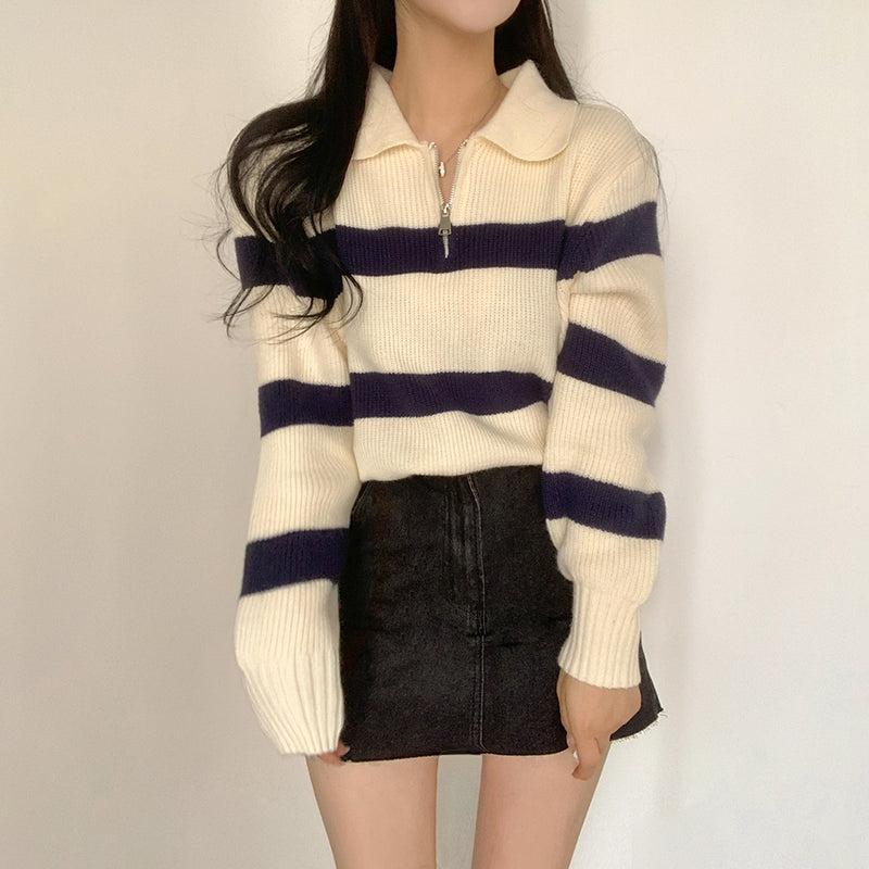 [3color] Stripe anorak collar knit