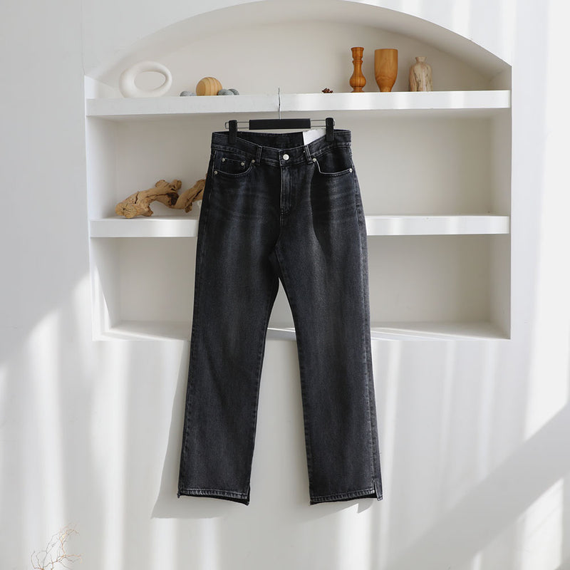 Po Side Slit Black Washing Denim Pants (628) (6699423858806)