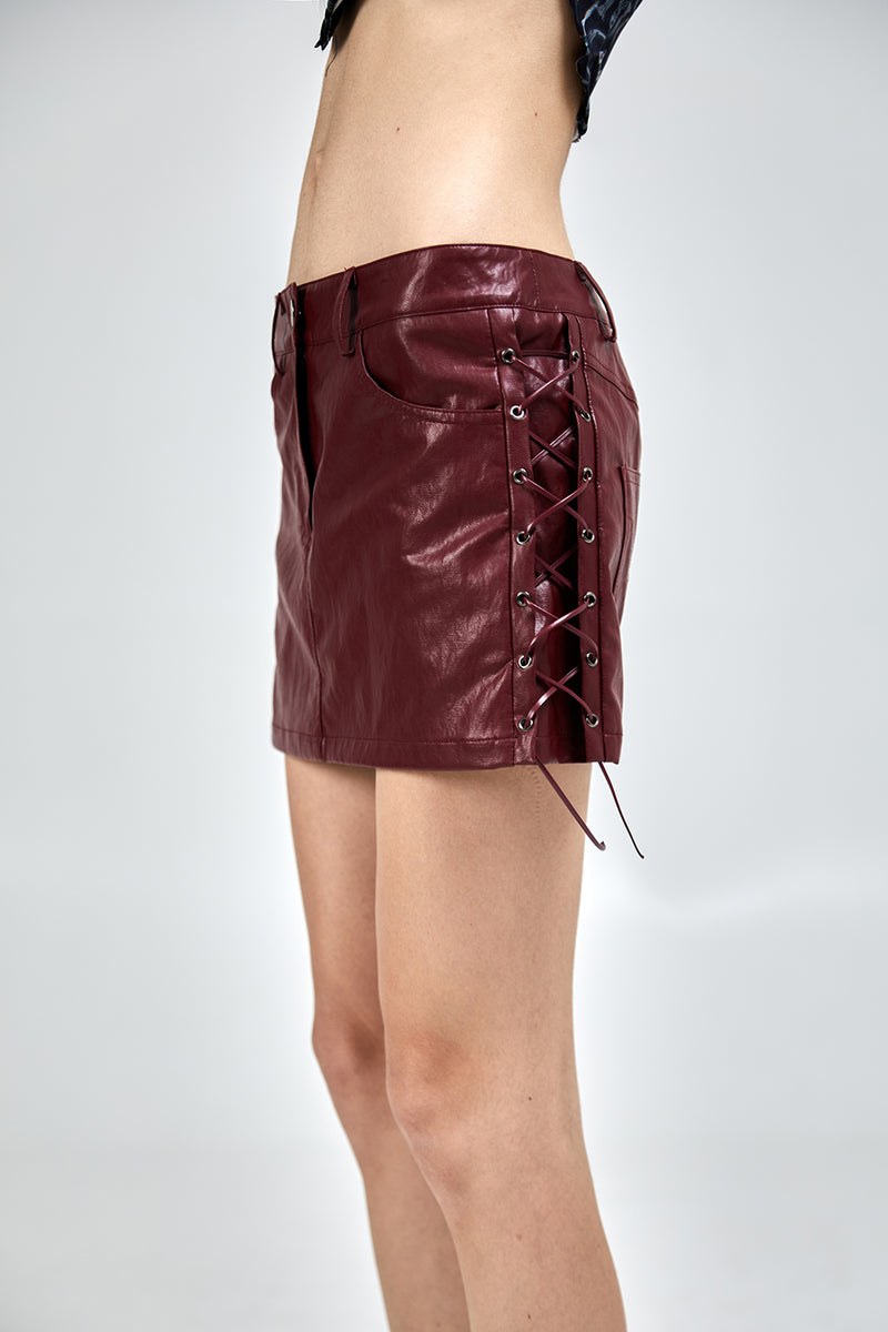 LOW WAIST LEATHER SKIRT [RED] (6639101050998)