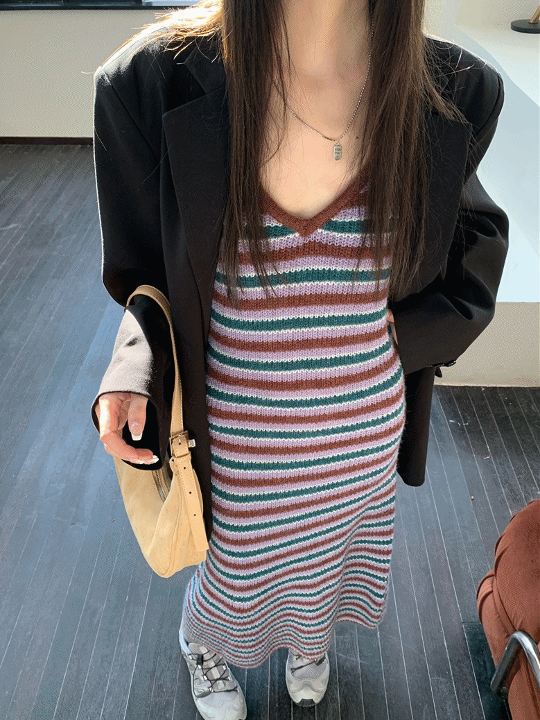 ウィンターストラップニットロングドレス/Winter Striped Knit Long Dress