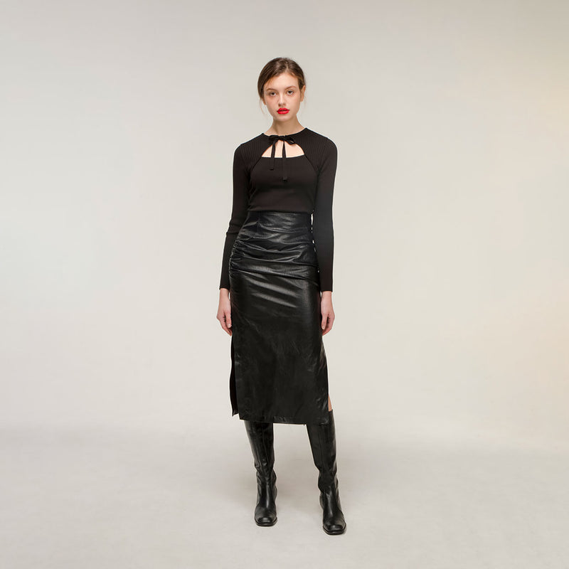 Drape leather skirt (black) (4616754200694)