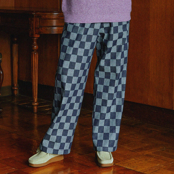 Big checkerboard wide denim banding pants (6622557864054)