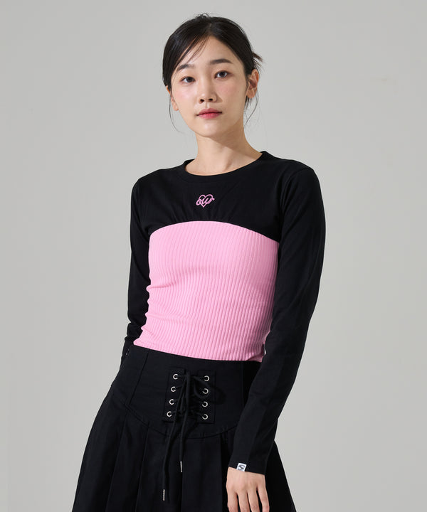 Layered bustier long sleeve T-shirt black/pink