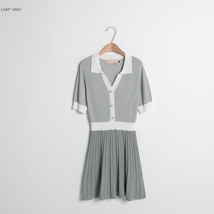 ツイードオープンカラーニットドレス / (OP-5935) Tweed open collar knit dress