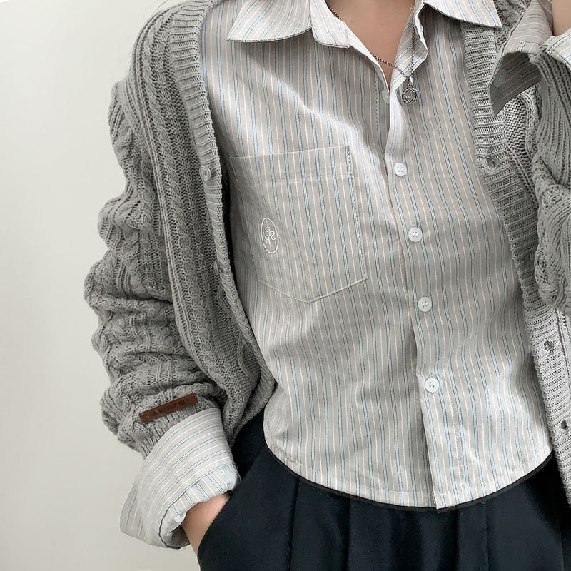 スクールルックエンブロイダリーストライプクロップドシャツ / [Layered] School Look Embroidered Stripe Cropped Shirt