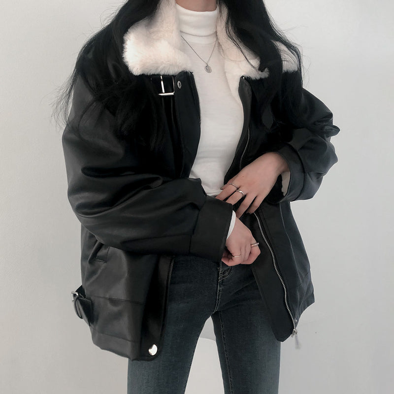 Faux Fur Collar Leatherette Jacket