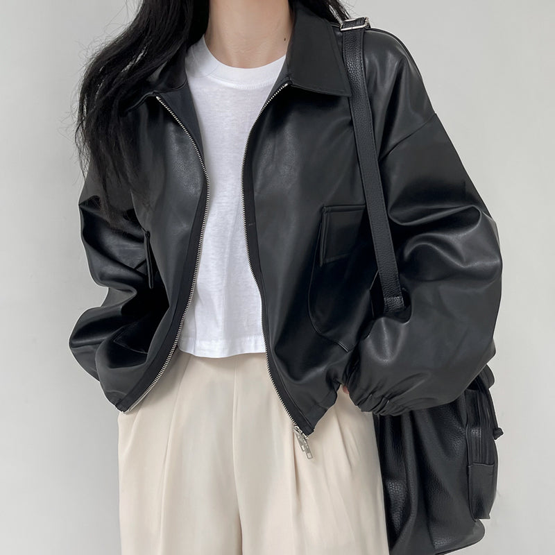 2WAYレザーカラークロップドジャケット / two-way leather collar cropped jacket