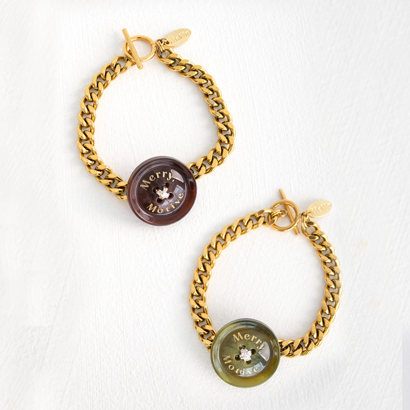 シグネイチャーボタンウィズボールドチェーンブレスレット/Merry,Motive signature button with bold chain bracelet (2colors)