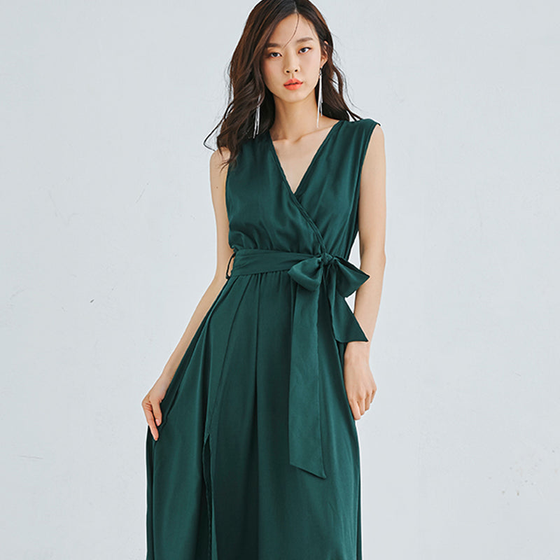 ティールグリーンサープリススリットロングドレス / Teal Green Surplice Slit Long Dress
