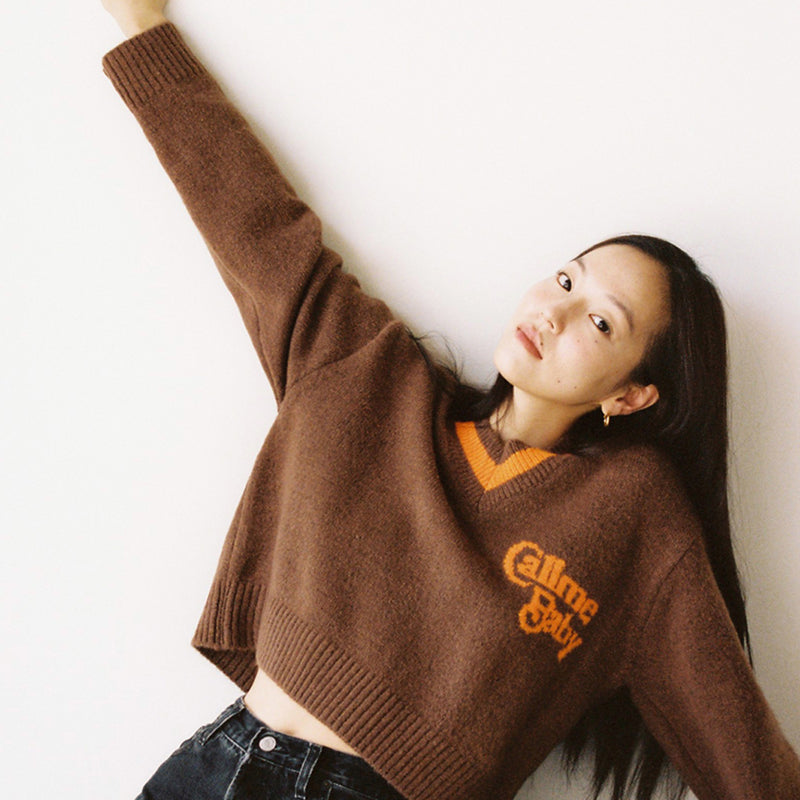 [Call Me Baby] Baby V-Neck Cropped Knit (Brown) / ブイネッククロップニット(Brown) (6627539615862)