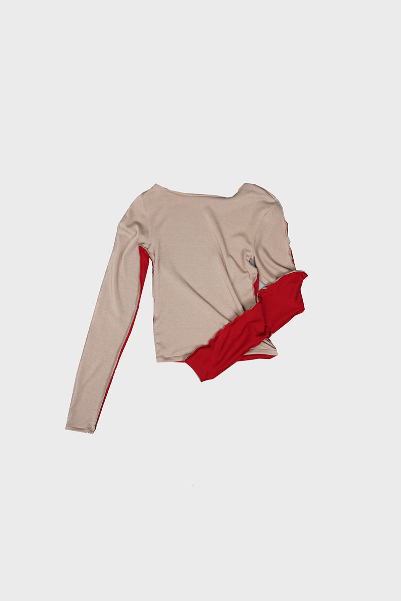 HALF AND HALF LONG SLEEVE TOP IN RED&SAND