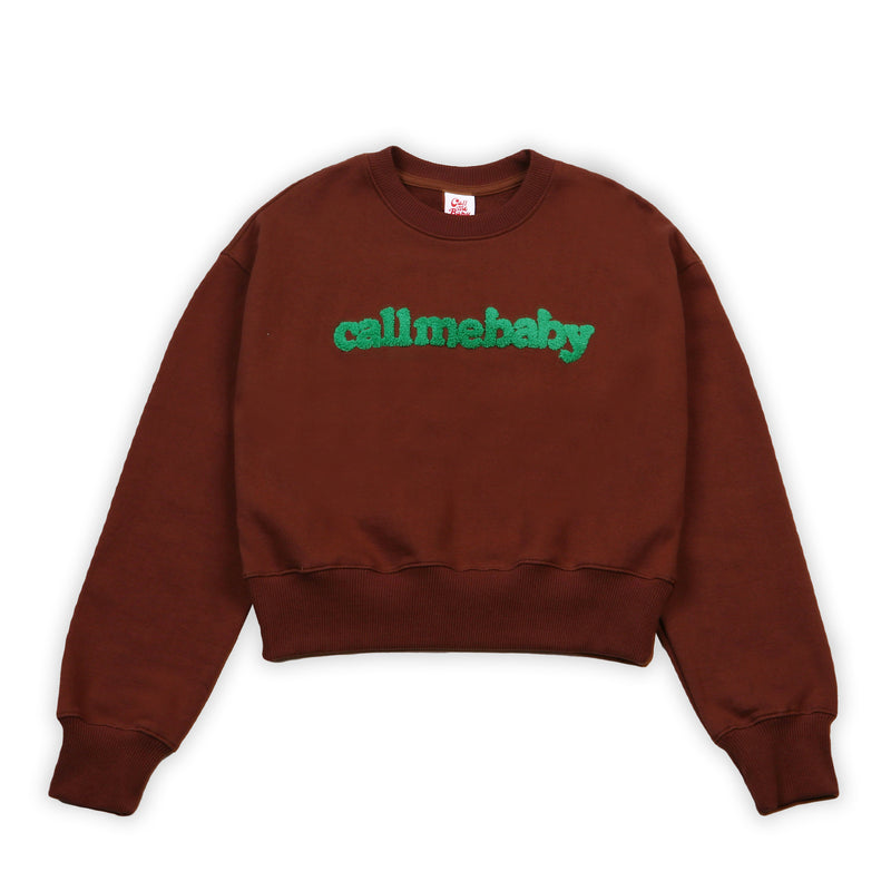 [Call Me Baby] Fuzzy Logo Cropped Sweatshirts (Brown) / ファジーロゴクロップドマンツーマンTシャツ (Brown) (6627476078710)
