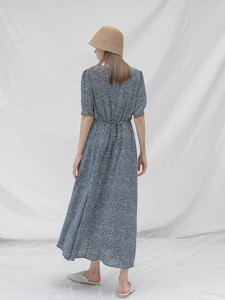 フラワープリントショートスリーブロングドレス/(OP-5898) Flower Print Short Sleeve Long Dress