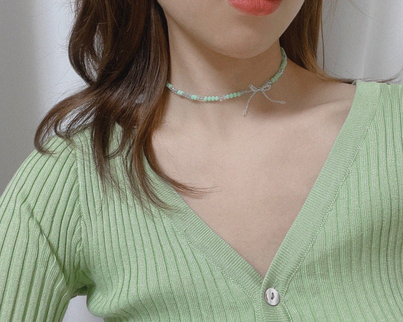 ミニリボンビーズネックレス/Mini Ribbon Beaded Necklace White/Gray/Green