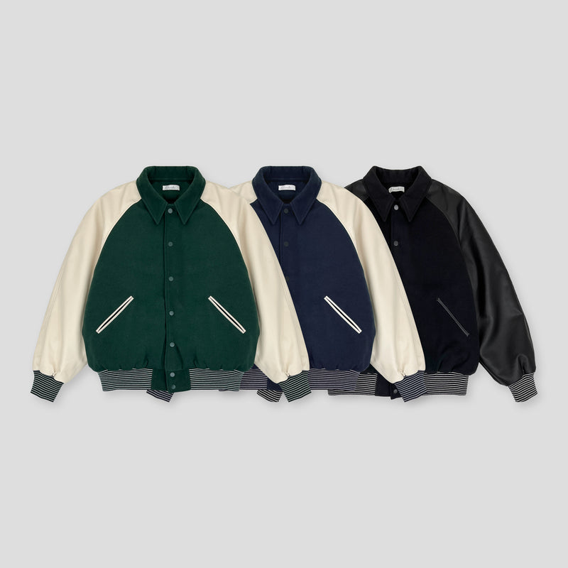 バーシティークロップレザージャンパー / Varsity crop leather jumper (3color)