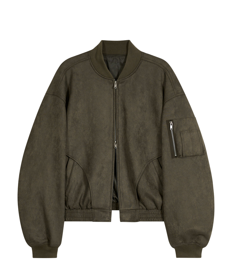 87-STAN027 [Vegan Suede] Curved Layer Bomber Suede Jacket Khaki
