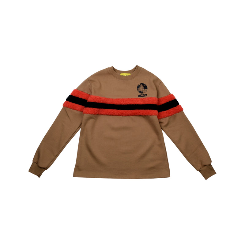 [UNISEX] Faux-shearling Striped-Trim Pullover (Brown) (6656038436982)