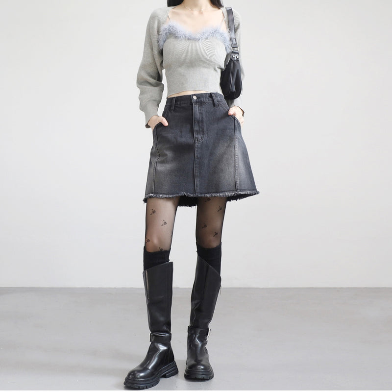 メランデニムスカート/[NONCODE] Melan Black Blue Denim Skirt