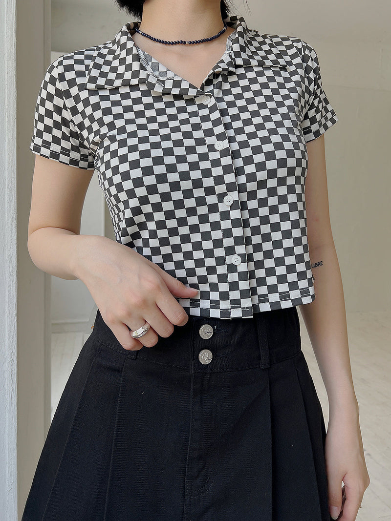 チェッカーボードクロップカラーTシャツ / Checkerboard Crop Collar T-shirt (3color)