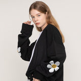 [UNISEX] Elbow Flower Smile Knit Cardigan_Black (6658473230454)
