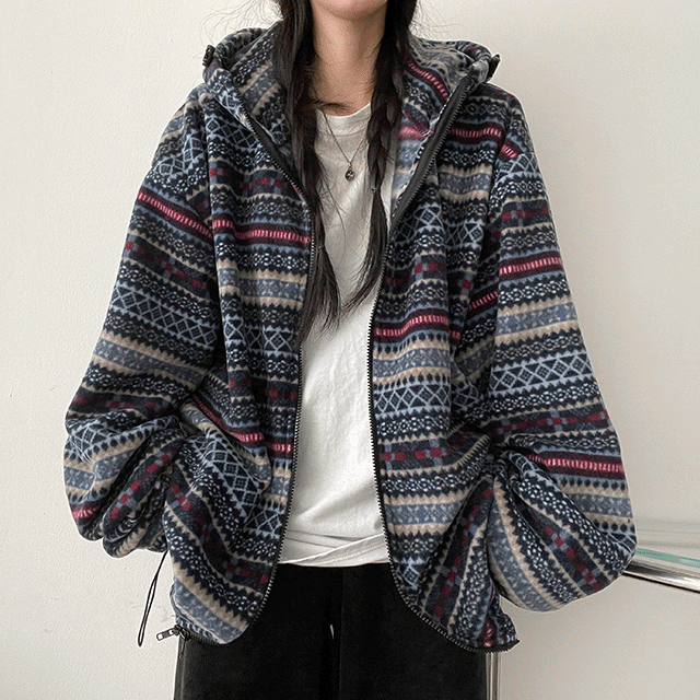 Thick irregular pattern string fleece hood zip-up jumper