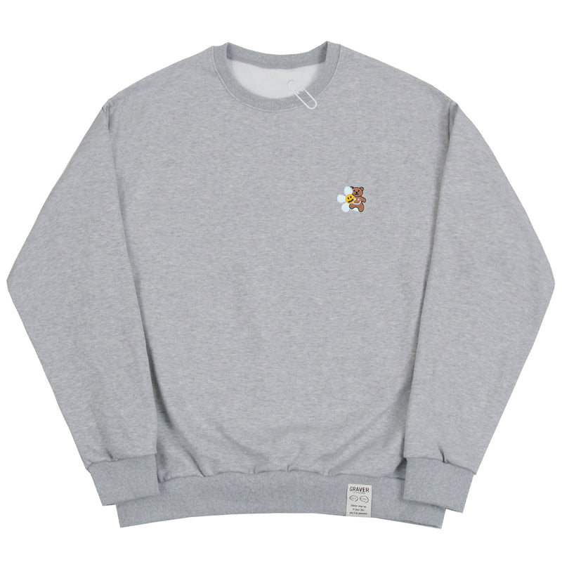 [UNISEX] Flower bear embroidery smile white clip sweatshirt (6658486435958)
