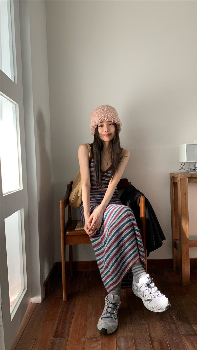 ウィンターストラップニットロングドレス/Winter Striped Knit Long Dress