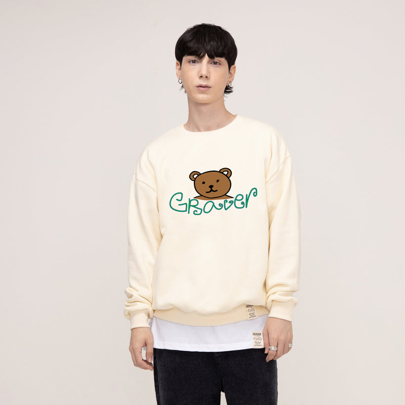 [UNISEX] Bear face, smile, white clip, sweatshirt (6658857828470)
