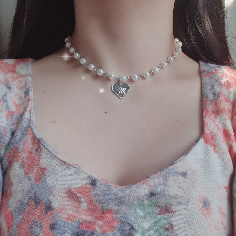 ベイビーエンジェルパールチョーカー / Baby Angel Pearl Choker Necklace - Silver Color (Choi Yena, Nature Youchae Necklace)