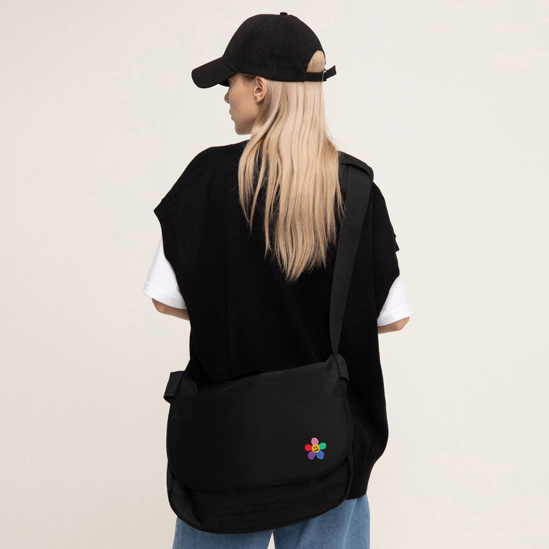 レインボーフラワースマイル刺繡クロスメッセンジャーバッグ/Rainbow Flower Smile Embroidery Cross Messenger Bag