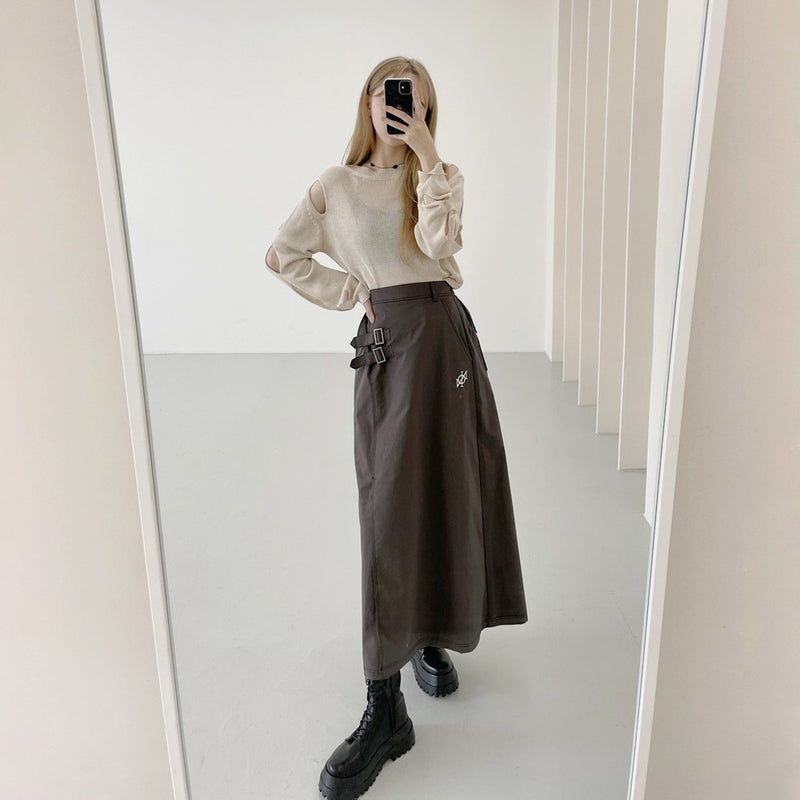 [NONCODE] Shord Buckle Stitch Long Skirt (6598524895350)