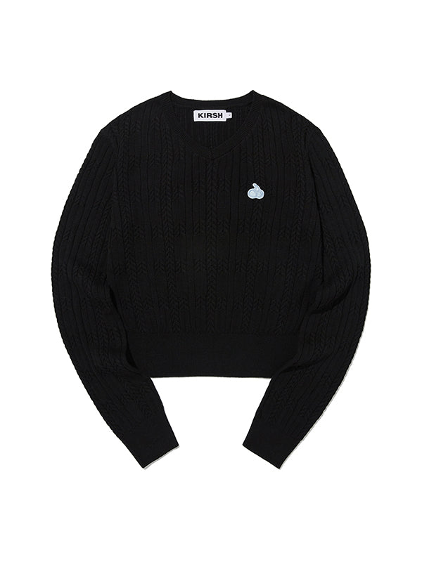 SMALL CHERRY V-NECK CABLE CROP KNIT [BLACK]
