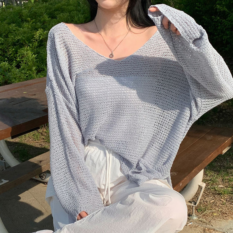 [6color/All summer] V-neck loose fit see-through unbalanced bookle knitwear