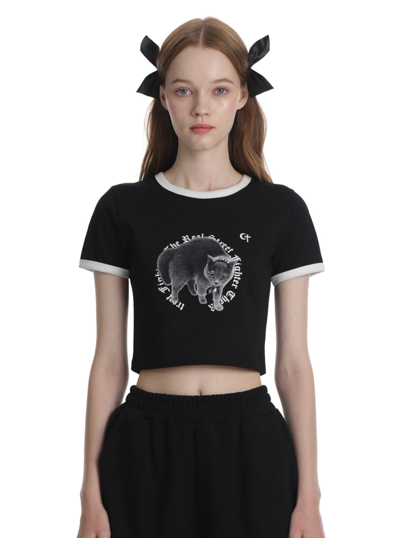 ファイターキャットクロップTシャツ / 0 2 fighter cat crop t-shirt - BLACK