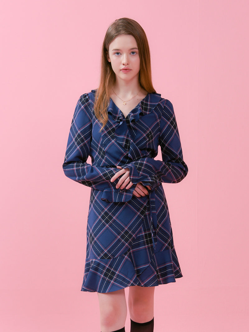 RUFFLE POINT CHECK WRAP ONEPIECE_NAVY (6612504969334)